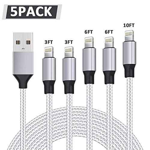 WUYA iPhone Charger, MFi Certified Lightning Cable 5 Pack (3/3/6/6/10FT) Nylon Woven with Metal Connector Compatible iPhone Xs Max/X/8/7/Plus/6S/6/SE/5S iPad - Sliver