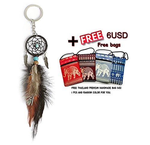 Vintage Enchanted Forest Mini Dreamcatcher Key Ring Handmade Dream Catcher Net With Feather Keychain+Free Thailand Hand Bag (ColorDream+Bag)