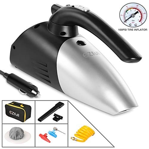 EZfull Car Vacuum Cleaner 4-in-1 Portable Handheld Wet Dry Hand Vacuums For Car, 100W 12v with Air Inflator, Tire Pressure Gauge, LED Light , Car Cigarette Lighter Power Cord