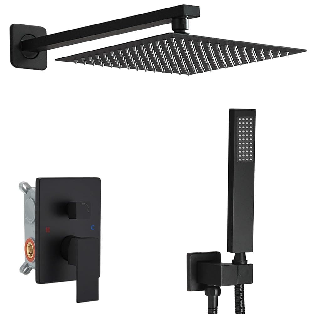 Heable Matte Black Shower System 12 Inches Bathroom Luxury Rain Shower Head with Handheld Combo Set Wall Mounted High Pressure Rainfall Shower Head System Shower Faucet Set with Valve and Trim