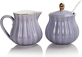 Sweejar Royal Ceramic Sugar and Creamer Set - 3 Piece Coffee Serving Set With Cream Pitcher, Sugar Bowl, Lid & Spoon - Wedding Gift (Purple)