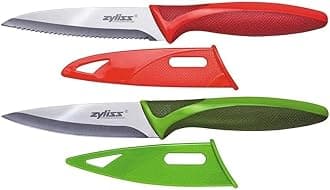 Zyliss Classic Paring Knife Set with Sheath Cover - Precision Knife for Cutting, Slicing & Peeling - Small Culinary 3 ¼” Paring Knife & 3 ¾” Serrated Knife - Carbon Stainless Steel Blade - Red/Green
