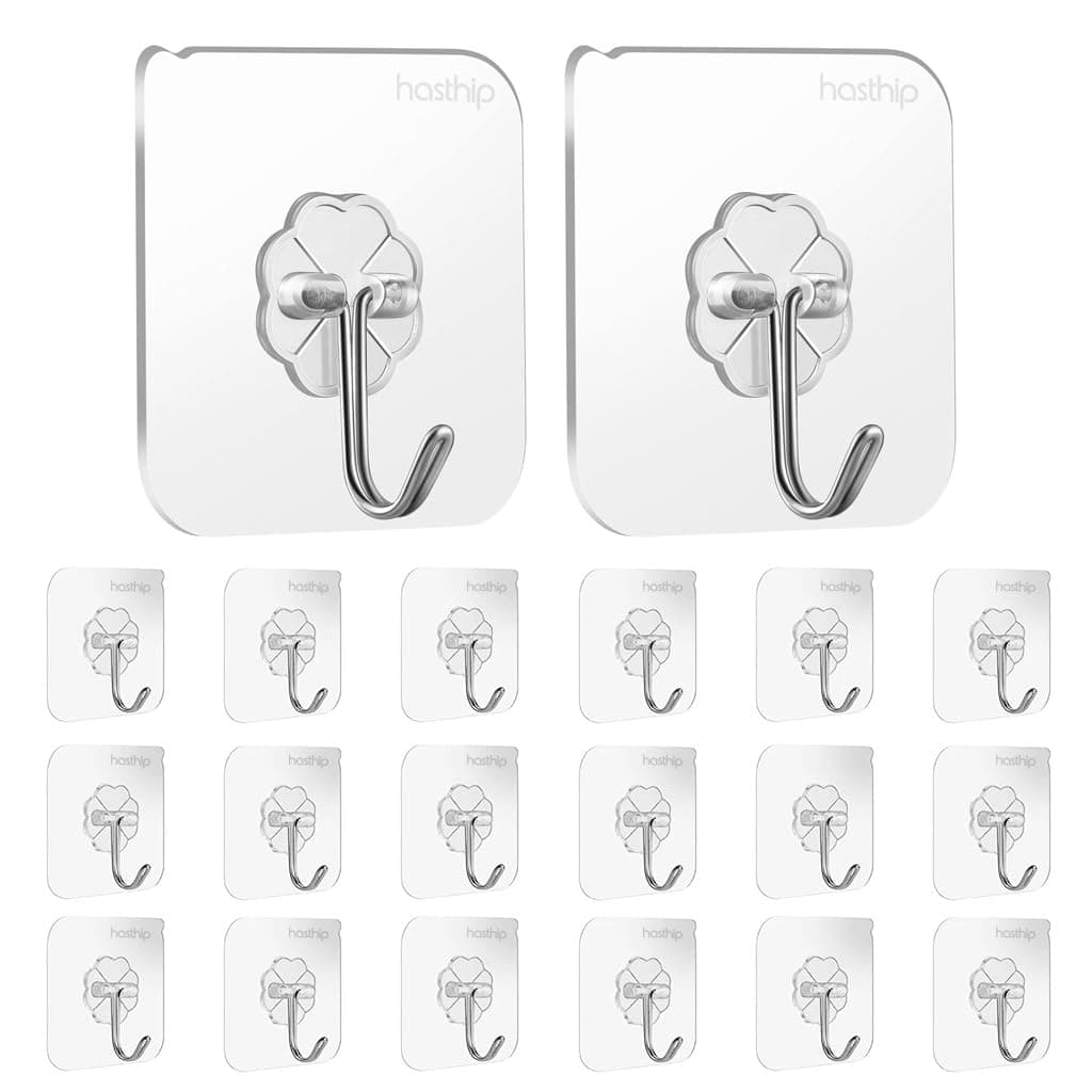 HASTHIP® 20 Packs Heavy Duty Self Adhesive Wall Hooks, Transparent Wall Hooks for Bathroom Shower Door Kitchen Outdoor Home Improvement Utility Hook for Wall Without Drilling