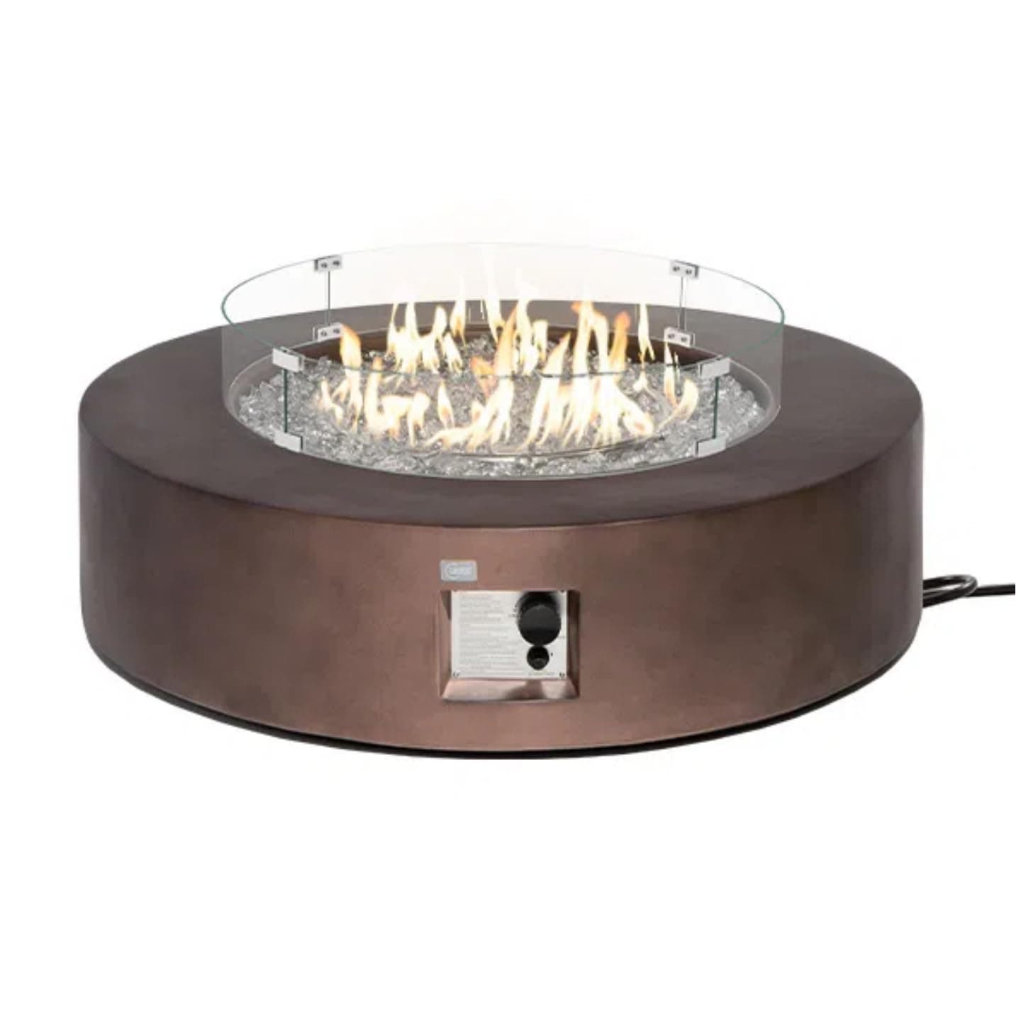COSIEST Outdoor Propane Fire Pit Coffee Table w Bronze 42 inch Round Base Patio Heater, Certified, 50,000 BTU Stainless Steel Burner, Wind Guard, Transparent Gray Fire Glass, Waterproof Cover
