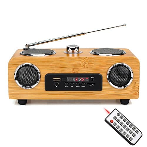 TIVDIO Portable FM Stereo Transistor Radio Support Micro USB Card AUX audio input MP3 Player Speaker with Handmade Bamboo Multimedia Speaker Classical Remote Control