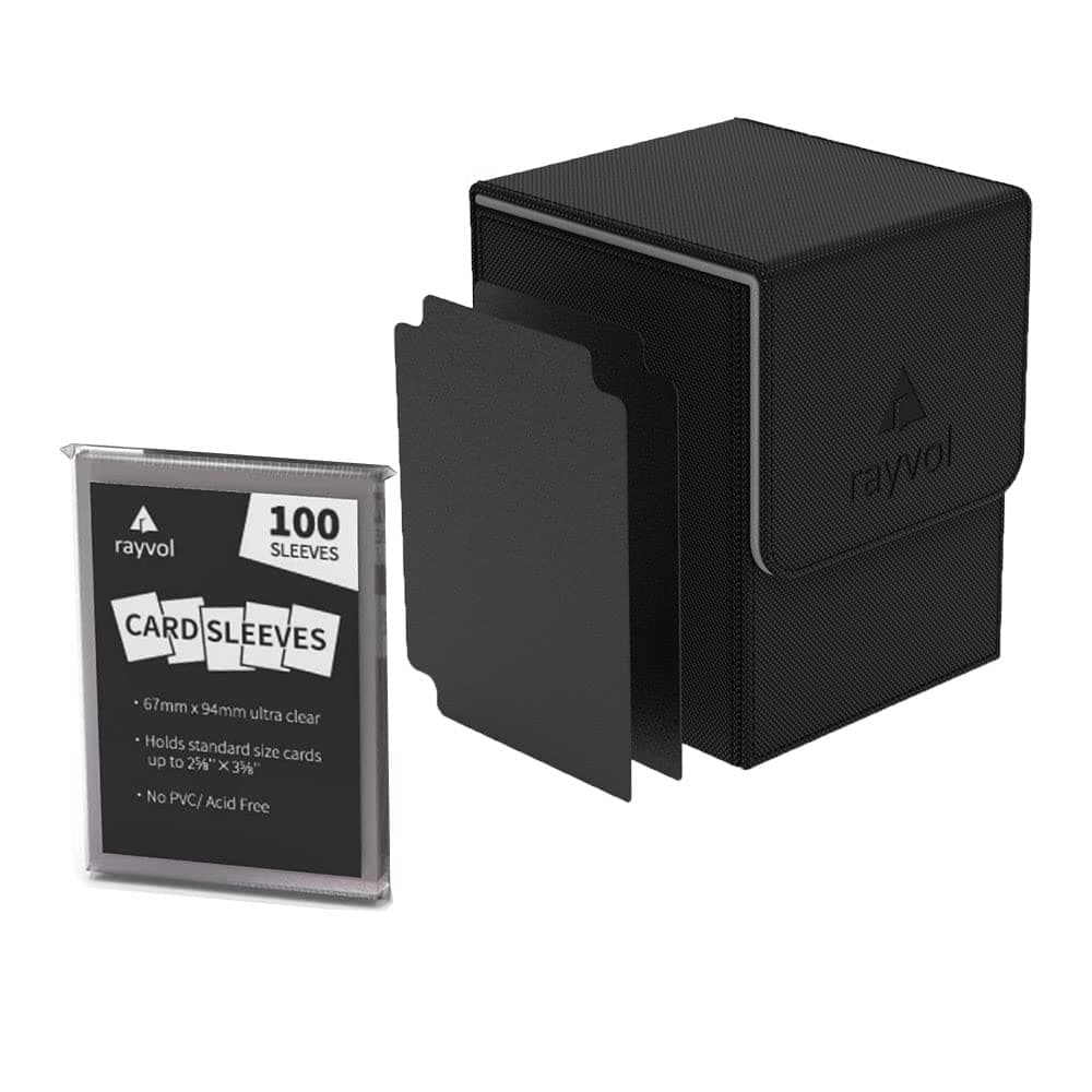 RayvolPremium 100+ Card Deck Box for MTG, 2 Dividers and 100 Penny Sleeves per Box, Card Deck Case for Magic Commander, YugiOh, other TCG Cards