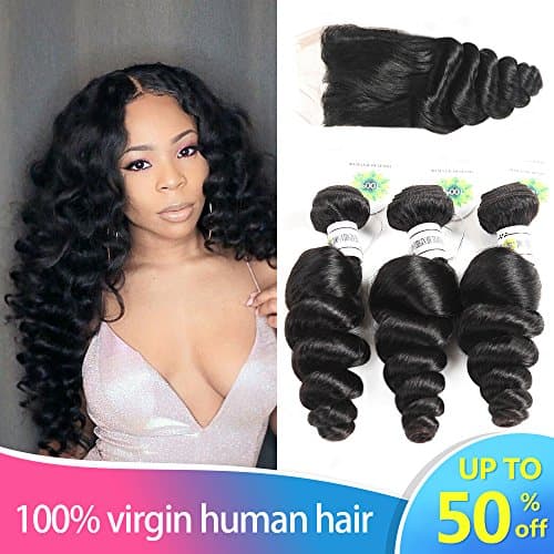 Peruvian Loose Wave 3 Bundles with Lace Closure 4x4 Free Part 8A Virgin Human Hair Extensions Natural Color (12 14 16+12C)