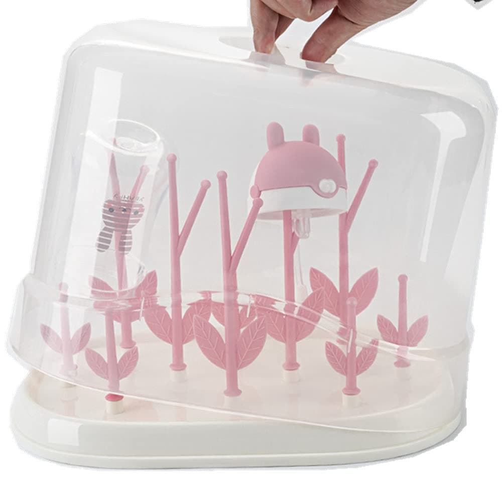Baby Bottle Drying Rack with Tray Detachable Draining Rack Water Cup Rack Storage High Capacity Bottle Dryer Holder for Bottles,Teats,Cups,Pump Parts and Accessories (Pink with Cover)