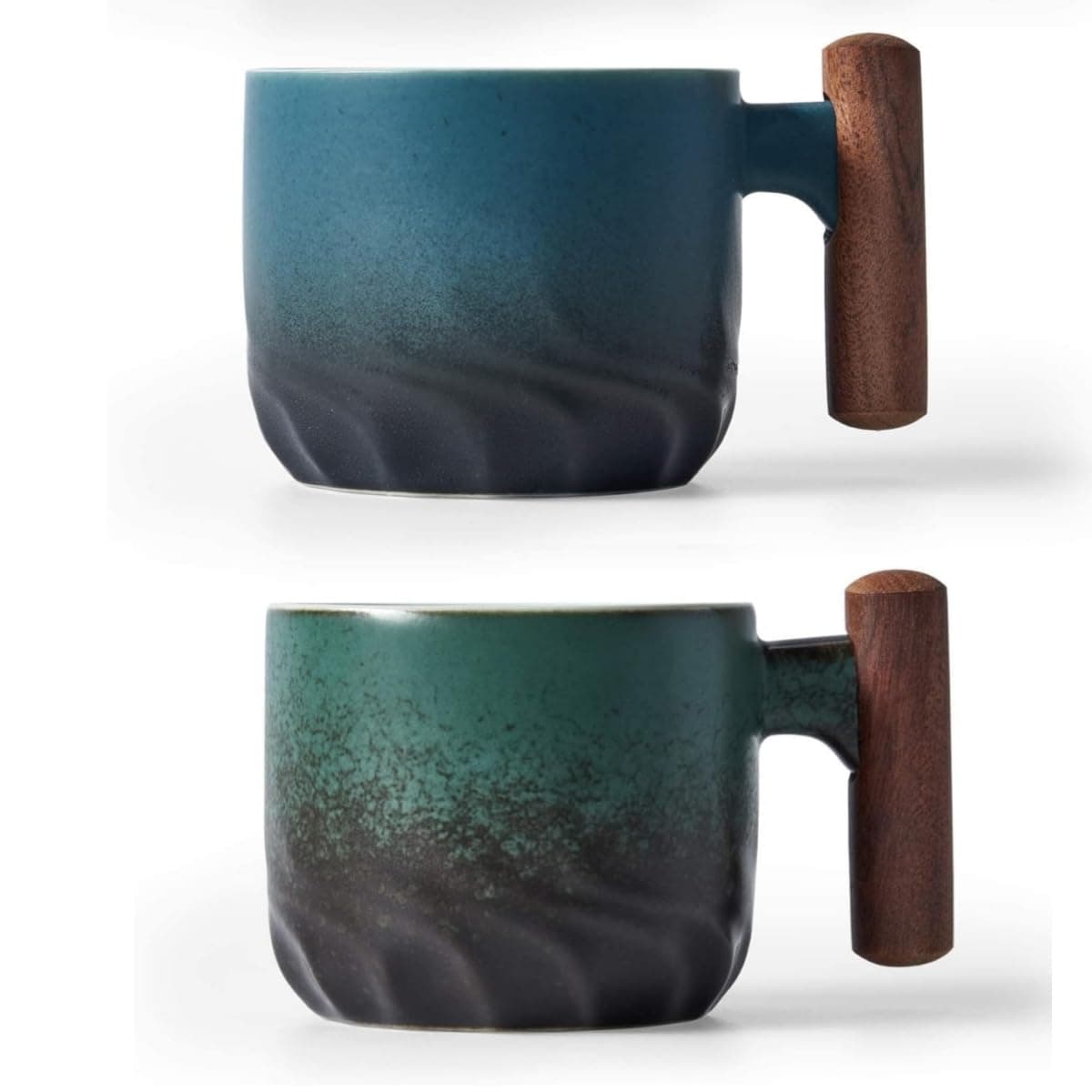 Ceramic Espresso Cups with Wooden Handle Espresso Shot Cups Ceramic Tea Cups Porcelain Demitasse Cups for Coffee or Tea, 2oz (blue&green, 2)