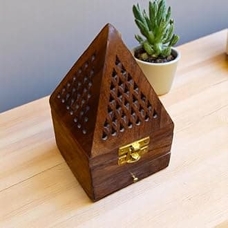WOOD ART STORE Wooden Pyramid Shape Incense Box Hoder Stand | Wooden Agarbatti Stand with ash Catcher for Home Office | Incense Sticks Holder (with Drawer)