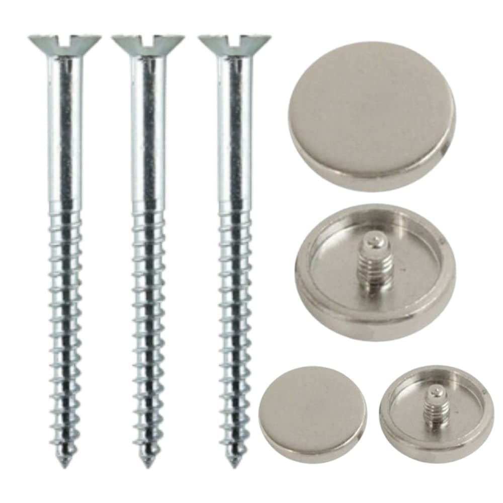 50mm Mirror Screw & 13mm Chrome Flat Decorative Screw Cap Covers for Mirror Tables, Bath Plates, Wardrobes & Glass Signs - Pack of 20