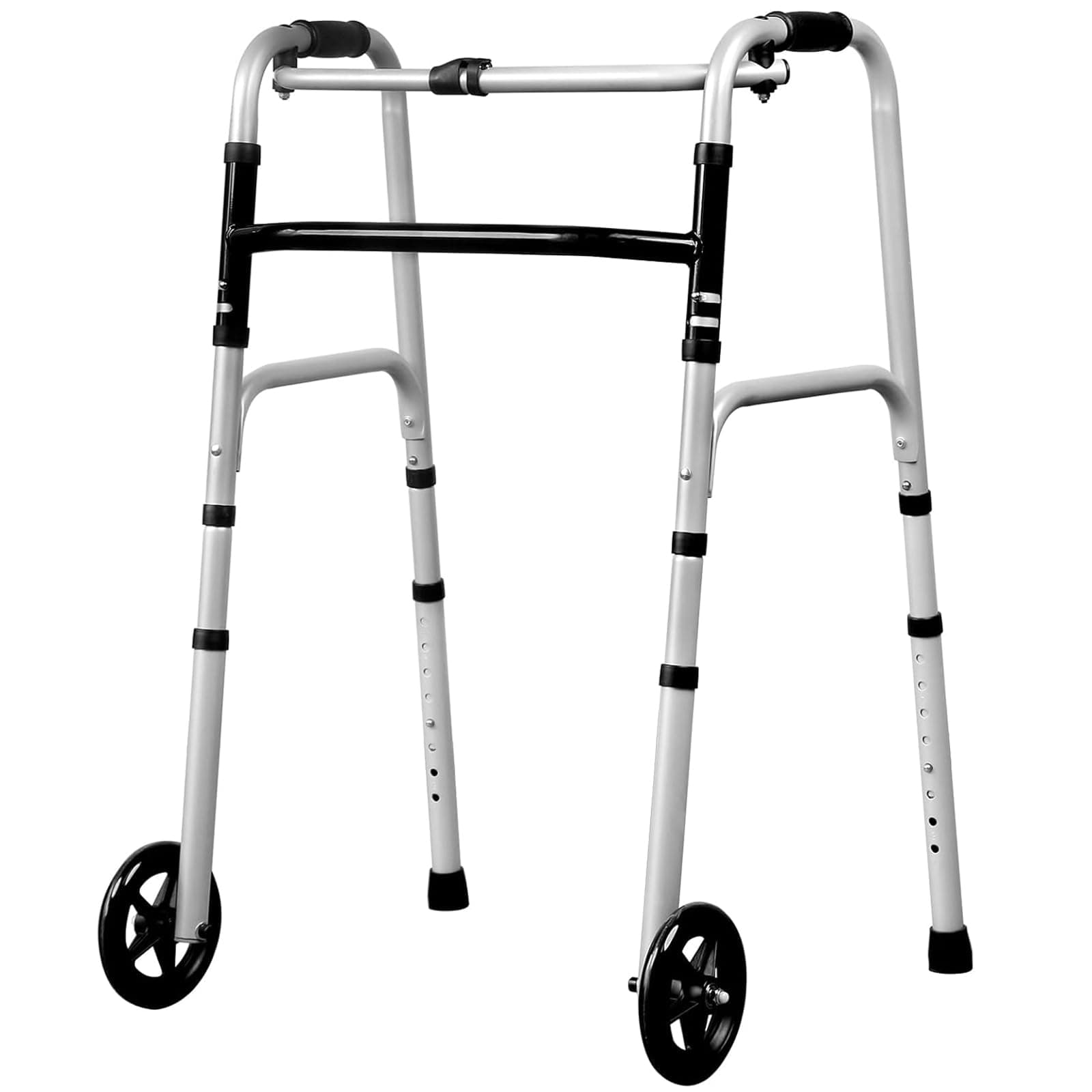 Stepped Handrail Walker with 6-inch Bearings Wheels - Aluminum Foldable Walkers for Seniors, 8-Level Height Adjustable Walkers for Elderly, Lightweight Folding Walker with Small Bag, Silver