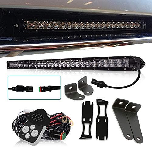 QUAKEWORLD DOT 21" Single Row Led Light Bar Driving Offroad Led Bar w/Front Hidden Bumper Recess Bracket + DT Connector Wiring Harness & Remote Control For 2004-2013 & 2016 Dodge Ram 2500 3500 4Wd/2Wd