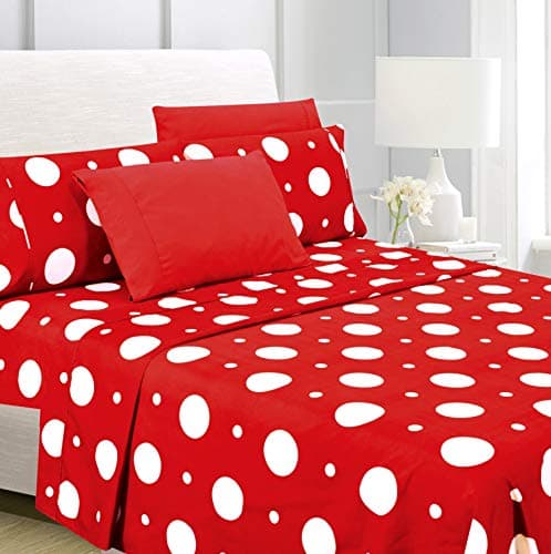 American Home Collection 6 Piece Bed Sheet Set Super Soft Brushed Microfiber - 14" Deep Pocket - Wrinkle Resistant - Hypoallergenic (King, Red Polka Dot)