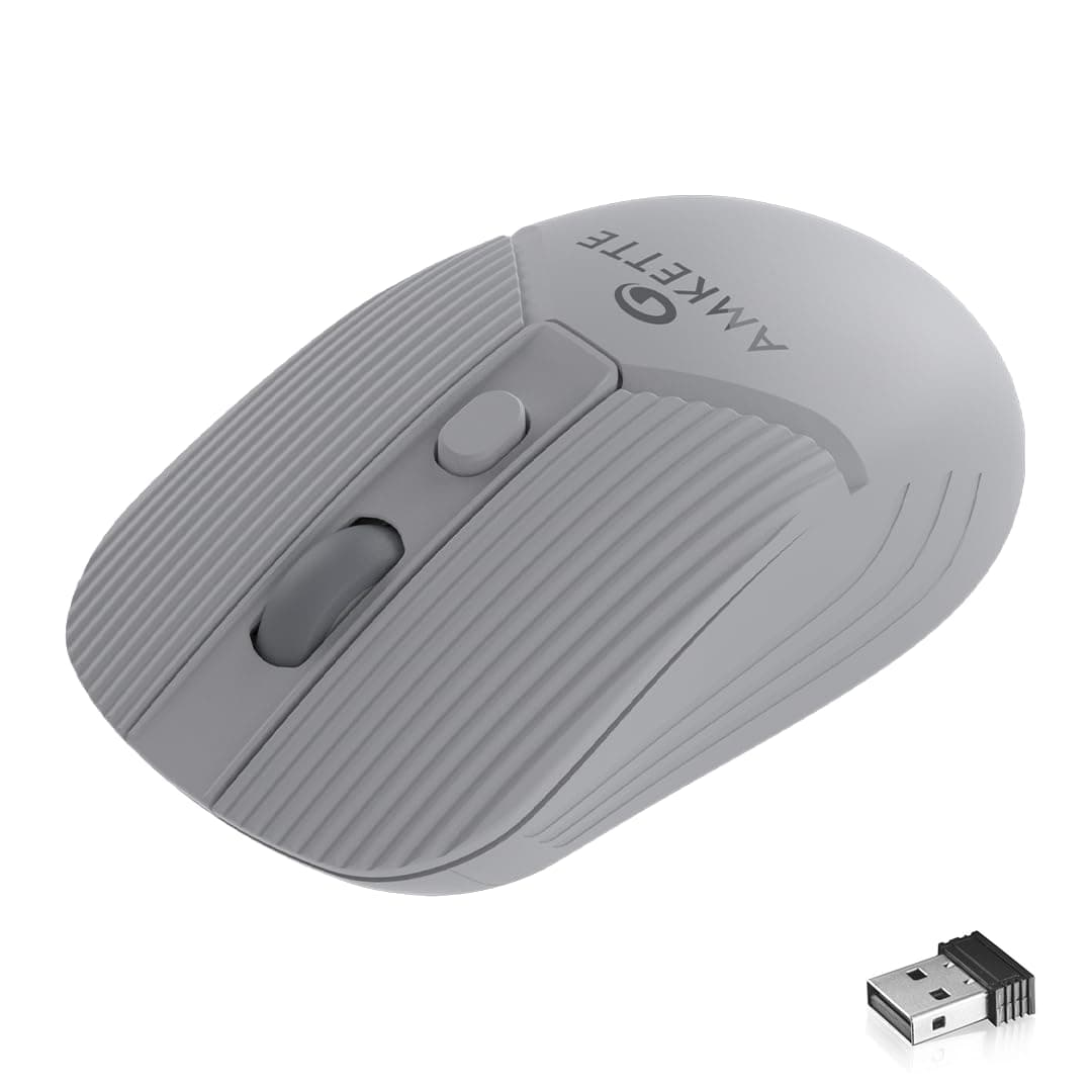 Amkette Hush Pro Acura 2.4 Ghz Silent Switch Wireless Mouse with Ergonomic Design, High Precision 3 DPI Settings, Smart Auto Sleep Function and Mouse On/Off Switch (Grey)