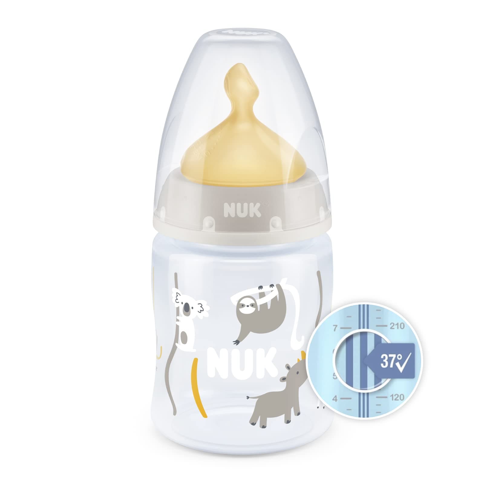NUK First Choice+ Baby Bottle | 0-6 Months | Temperature Control | Anti Colic Vent | 150 ml | BPA-Free | Latex Teat | Safari (Beige)