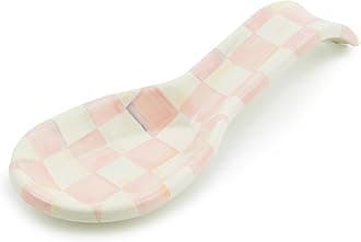 MACKENZIE-CHILDS Enamel Spoon Rest, Kitchen Spoon Holder and Utensil Rest for Stovetop, Pink-and-White Rosy Check