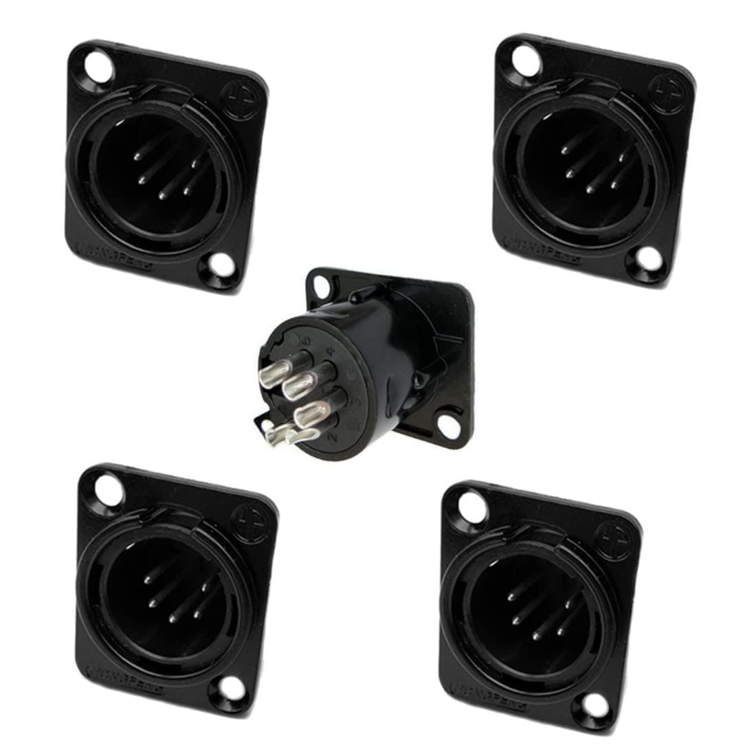 XLR Male Jack 5 Pin Panel Mount Jacks，Black Metal Housing XLR-M Connector, 5Pcs.