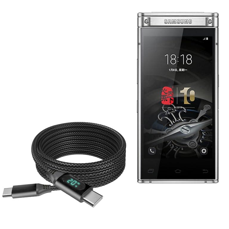 Cable Compatible with Samsung W2019 - PowerDisplay PD Cable (6ft) - USB-C to USB-C (100W), LED Wattage Info Extra Long Braided Nylon - Jet Black