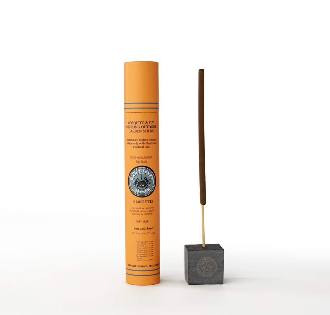 Bundle | Garden Repellent Sticks 14 Pack and Incense Stick Holder | Repels Mosquitoes, Wasps & Flies | Long Lasting | Soapstone Block, Handmade Bamboo Based Sticks, Sun and Sand
