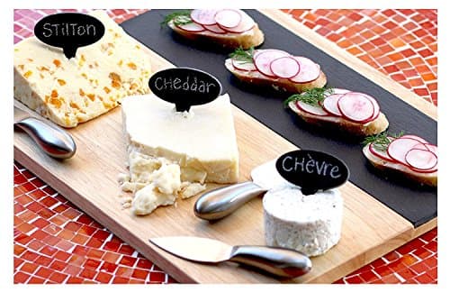 Large Modular Slate and Wood Cheese Board Set with Stainless Steel Knives, Cheese Markers, Soapstone Chalk, and Serving Guide-2 Versatile Serving Trays, Perfect for Appetizers, Desserts, Charcuterie