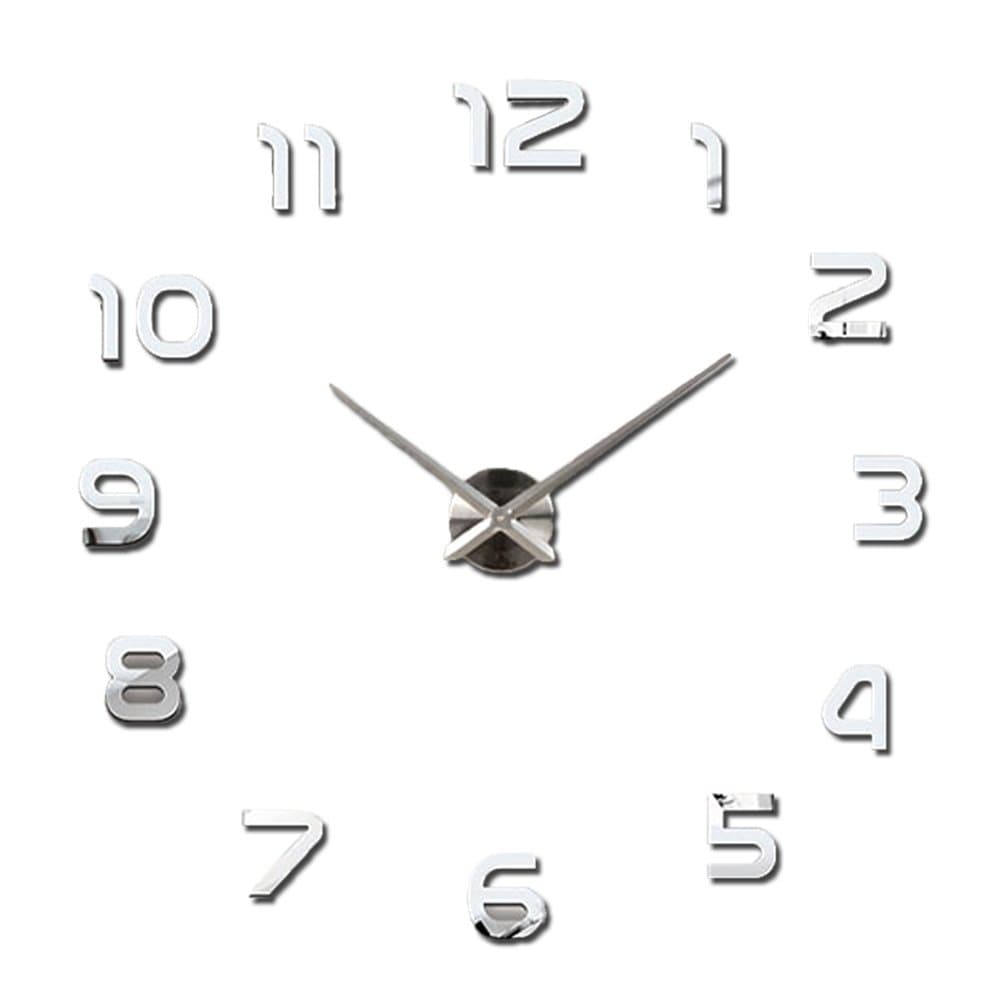 DIY Wall Clock Fashion Modern Large 3D Clock Acrylic Big Watch Mirror Metal Frameless Wall Stickers Clocks Style Room Home Office Decorations (Silvery)