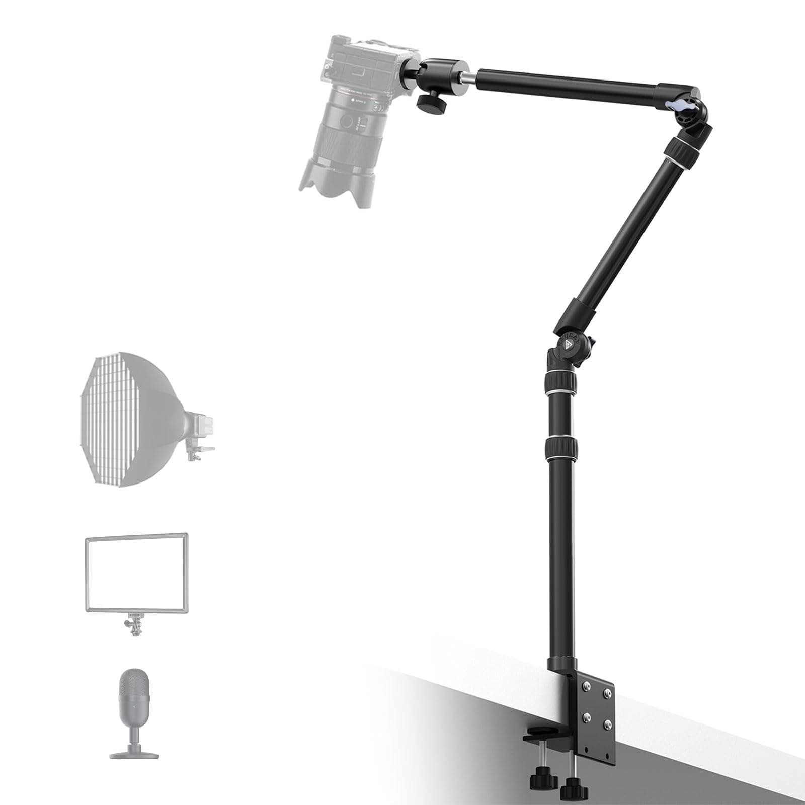 【All Metal】RAUBAY Desktop Magic Arm, Overhead Camera Desk Mount, Table Light Stand with 1/4“ Ball Head, 3/8" & 5/8" Adapter, C Clamp, Retractable Boom Arm for DSLR, Webcam, Microphone, Projector DMA01