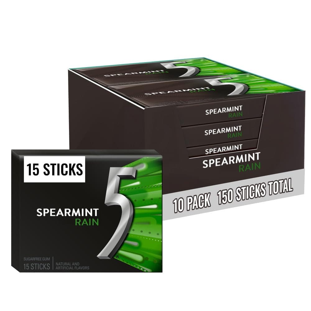 5 GUM Five 5 Focus Sugar Free Gum Spearmint 15 Piece Pack (Pack Of 10) Spearmint/10 Count