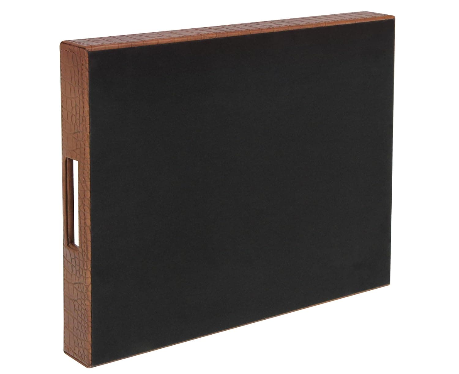 HofferRuffer Rectangle Serving Tray with Hole Handles for Coffee Table, Breakfast, Tea, Food, Butler - Countertop, Kitchen, Vanity Serve Tray, 16.2 x 12.2 x 2 inches, Faux Leather Tray (Antique Brown)