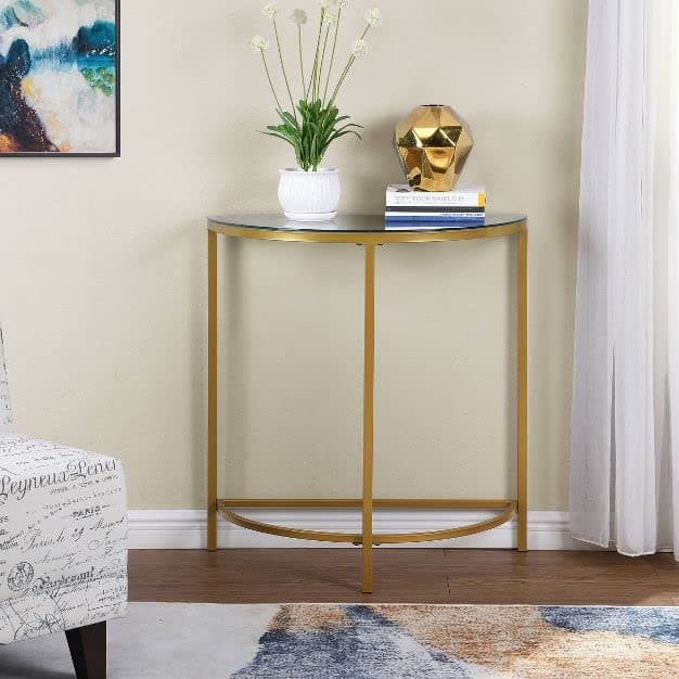 Gold Leaf/Clear Standard Half Moon colsole Side Table Glass Console Table with Storage Side Table, (Golden 1 Glass)