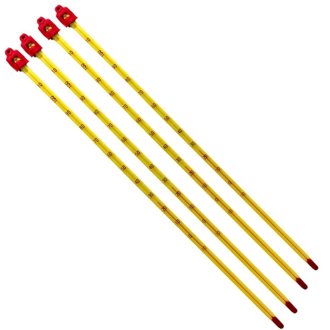 non mercury glass thermometer -10 to110 degrees celsius pack of 4 with inbuilt glass hole for hanging,300mm alcohol for laboratory industrial purpose, Yellow
