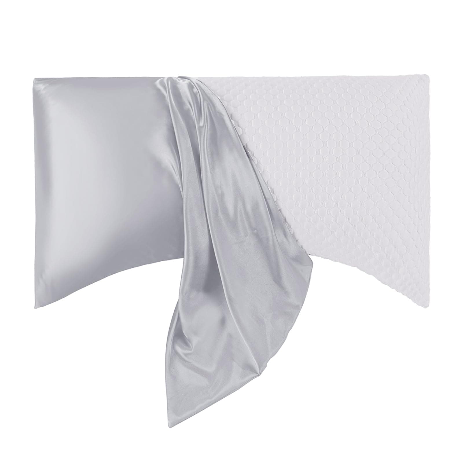 HOMBYS Curved Pillow Cases Queen Size 2 Pack-Silky Satin Side Sleeper Pillowcase Cover with Zipper-Smooth, Soft and Breathable for Hot Sleepers Hair and Skin (Queen-20 x30, Silver Grey)