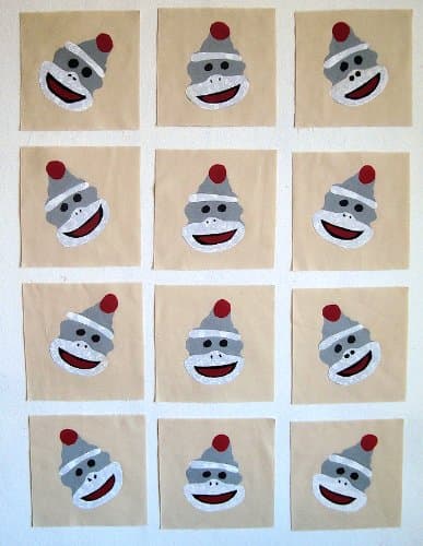 12 Applique Scrap Sock Monkey Quilt Kit Blocks 6.5 Inch Squares