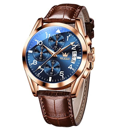 OLEVS Watch for Men Chronograph Brown Leather Gold Case Analog Quartz Fashion Business Dress Large Face Men Watch Day Date Luminous Waterproof Casual Male Wrist Watch Black/Blue/White Dial