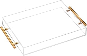 Clear Acrylic Lucite Serving Tray with Metal Handles,No Need to Assemble,11x14 Inch,Decorative Storage Organizer with Spill-Proof Design,Serving for Coffee,Breakfast,Dinner and More