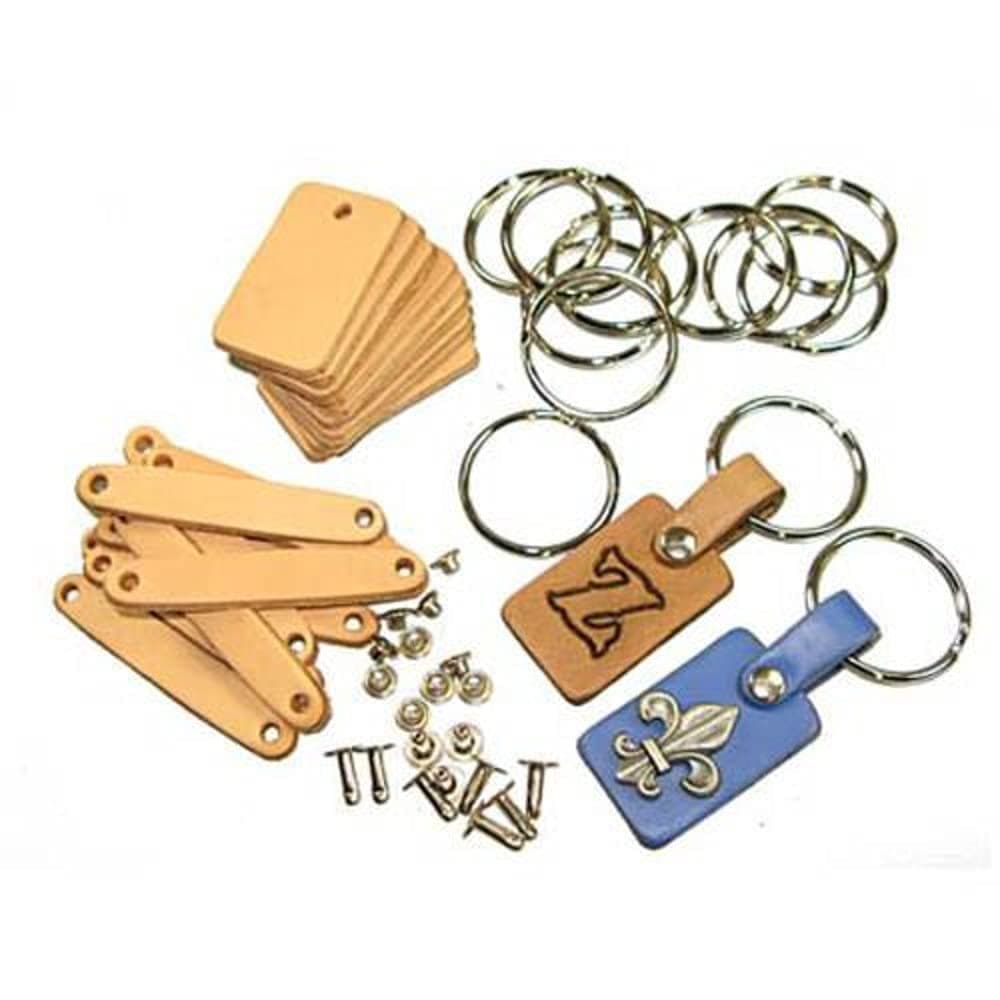 Key Fob Kits 10 Pack - Pre-Punched Vegetable Tanned Tooling Leather with Key Ring and Rivet