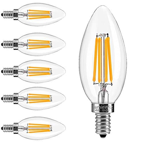 Luminwiz Candelabra LED Bulbs, 4W 2700K E12 Base LED Filament Chandelier Light Bulbs 40W Equivalent, Warm White, 6-Pack