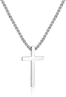 Ursteel Men's Silver Cross Necklace, 18 Inch, Stainless Steel, Christian Jewelry