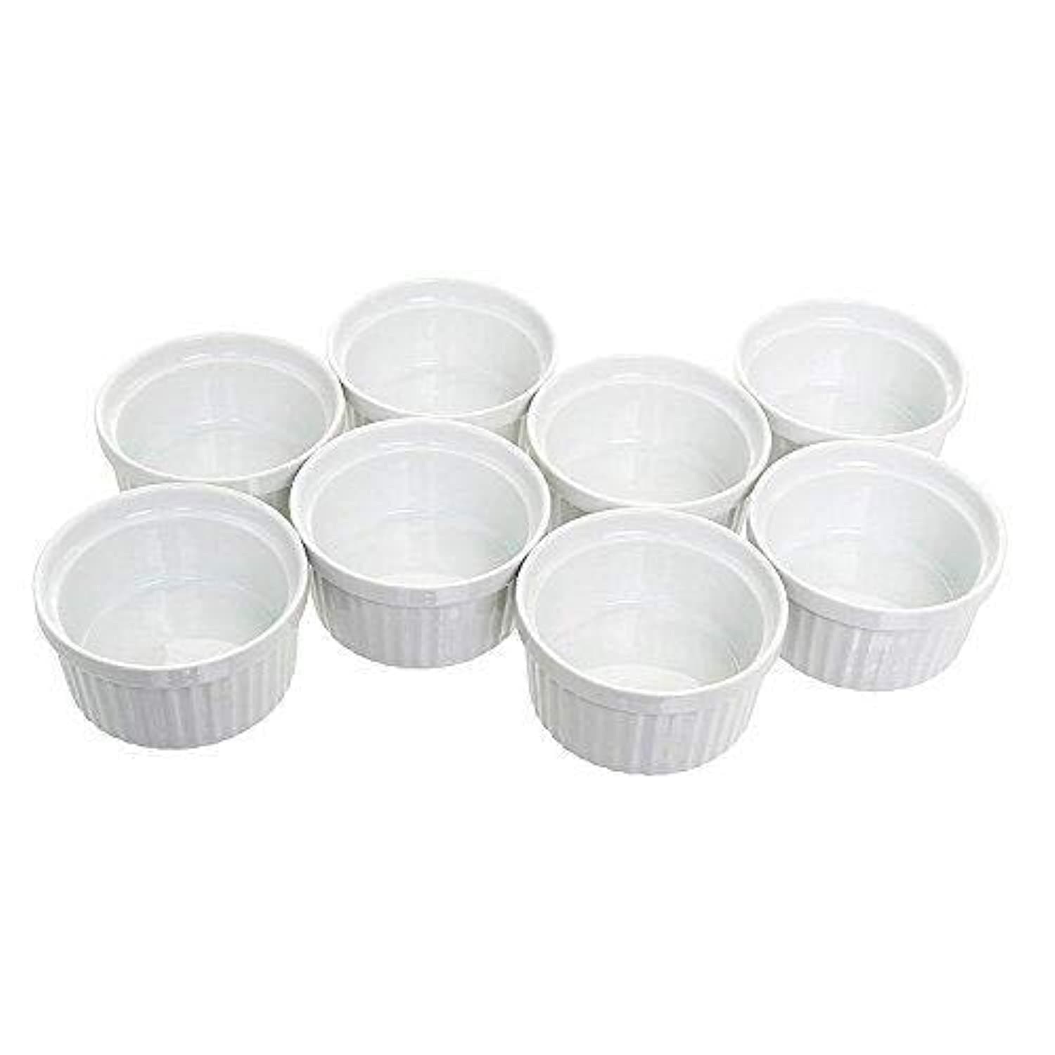 Set of 8 Bakeware Set White Porcelain Baking Cups for Pudding Creme Brulee, Custard Cups and Souffle Dishes Durable 4 ounce for Baking, Cooking, Serving,