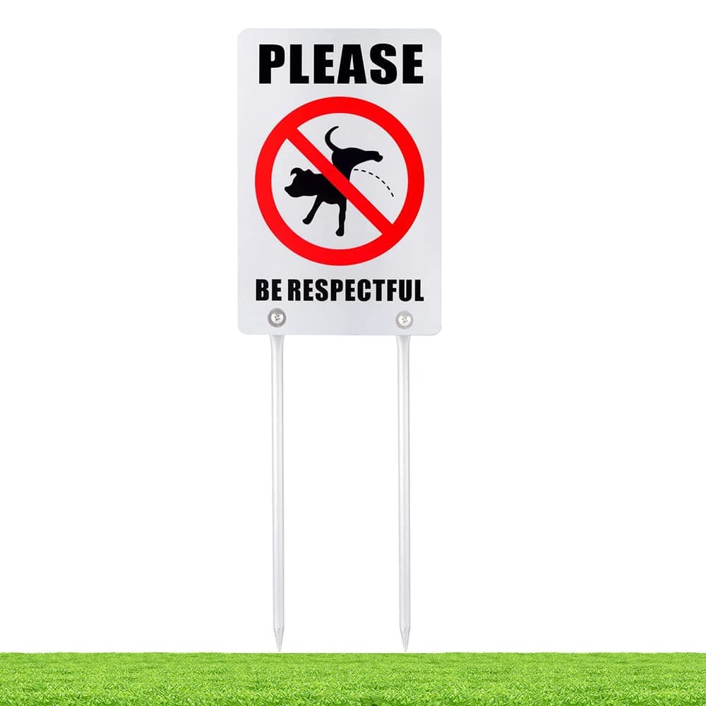 Kichwit Double Sided No Dog Peeing Yard Sign, Please Be Respectful Sign, All Metal Construction, Sign Measures 7.9" x 11.8", 14" Long Metal Stakes Included (Silver)