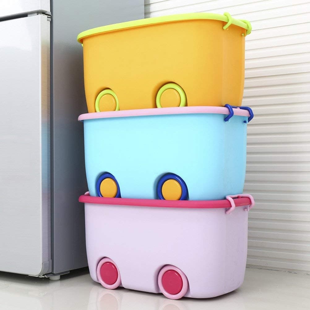 STAR WORK 25 Liters Toy Storage Box Large Size Toy Storage Organiser Toy Basket Storage for Kids Toy Basket for Kids Big Size (Pack Of 3 Stackable Wheels Locking Lid & Handle Color mat vary)