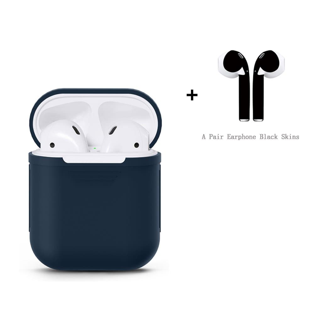 AKeel AirPods Case Protective Silicone Thin Slim Cover and Stylish Protective Skins Bundle for Apple Airpods (Clear Case & Matte Black Skin) (Blue)