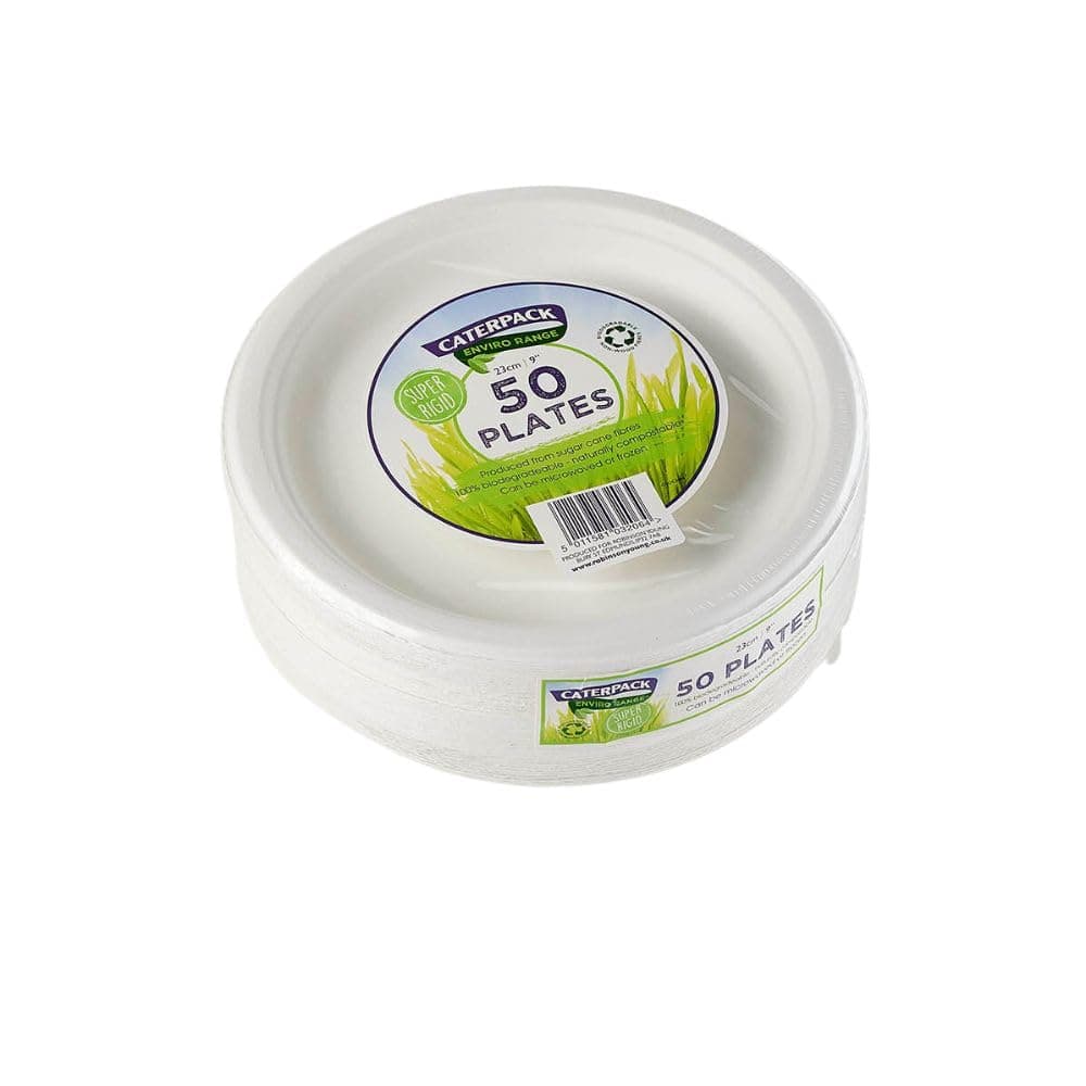 Plates 23cm, 50 Pack Super Rigid 100% Biodegradable Plates, Naturally compostable, Eco-Friendly, Non Plastic Alternative, Microwave and Freezer Friendly, White