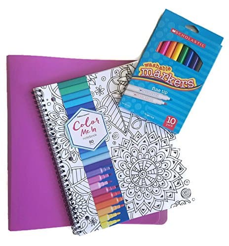 Back to School Suplies - 1 3 Ring Binder, Color Me In Notebook and 10 Pack Scholastic Markers - Bundle of 3