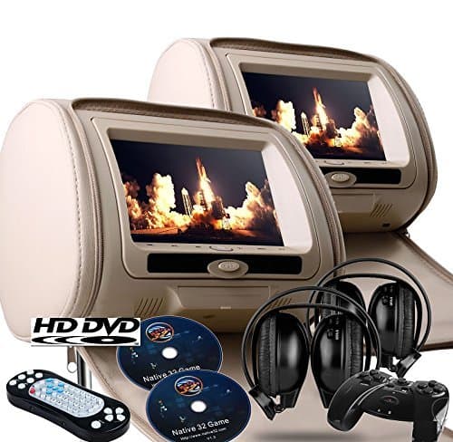 2020 New Tan/Beige Digital Color Pair Headrest With 9" LCD Car DVD Player Monitors with Dual DVD players USB SD Inc. 2 Wireless Dual Channel Headphones, Games and 2 Wireless game controllers