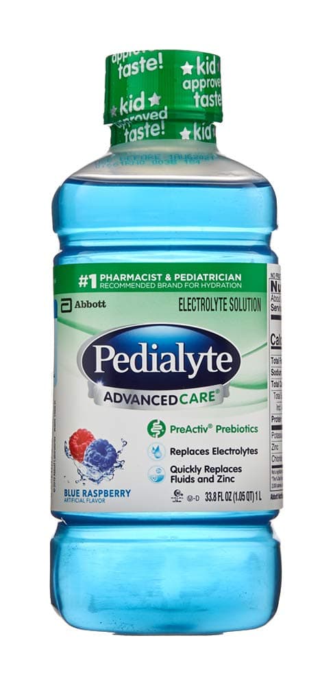 Pedialyte AdvancedCare Electrolyte Solution with PreActiv Prebiotics, Hydration Drink, Blue Raspberry, 1 Liter, 33.8 Fl Oz