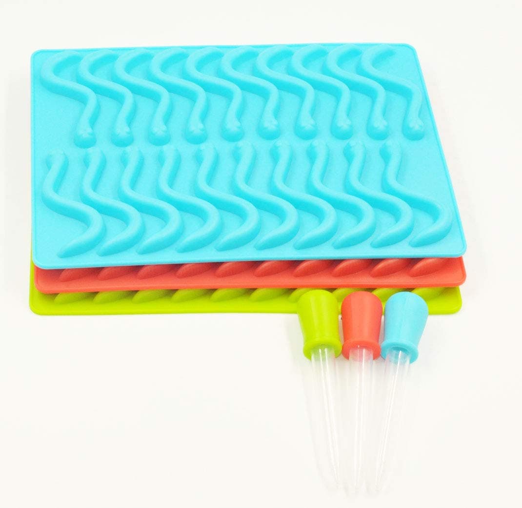 Selecto Bake Worm Silicone Mould 20 Cavities with Dropper, 1 Pack Molds Ice Cube Trays for Jelly Chocolate Soap Cake Wax, Available in Oven Fridge Microwave Oven Freezer 1 Random Colour Sent
