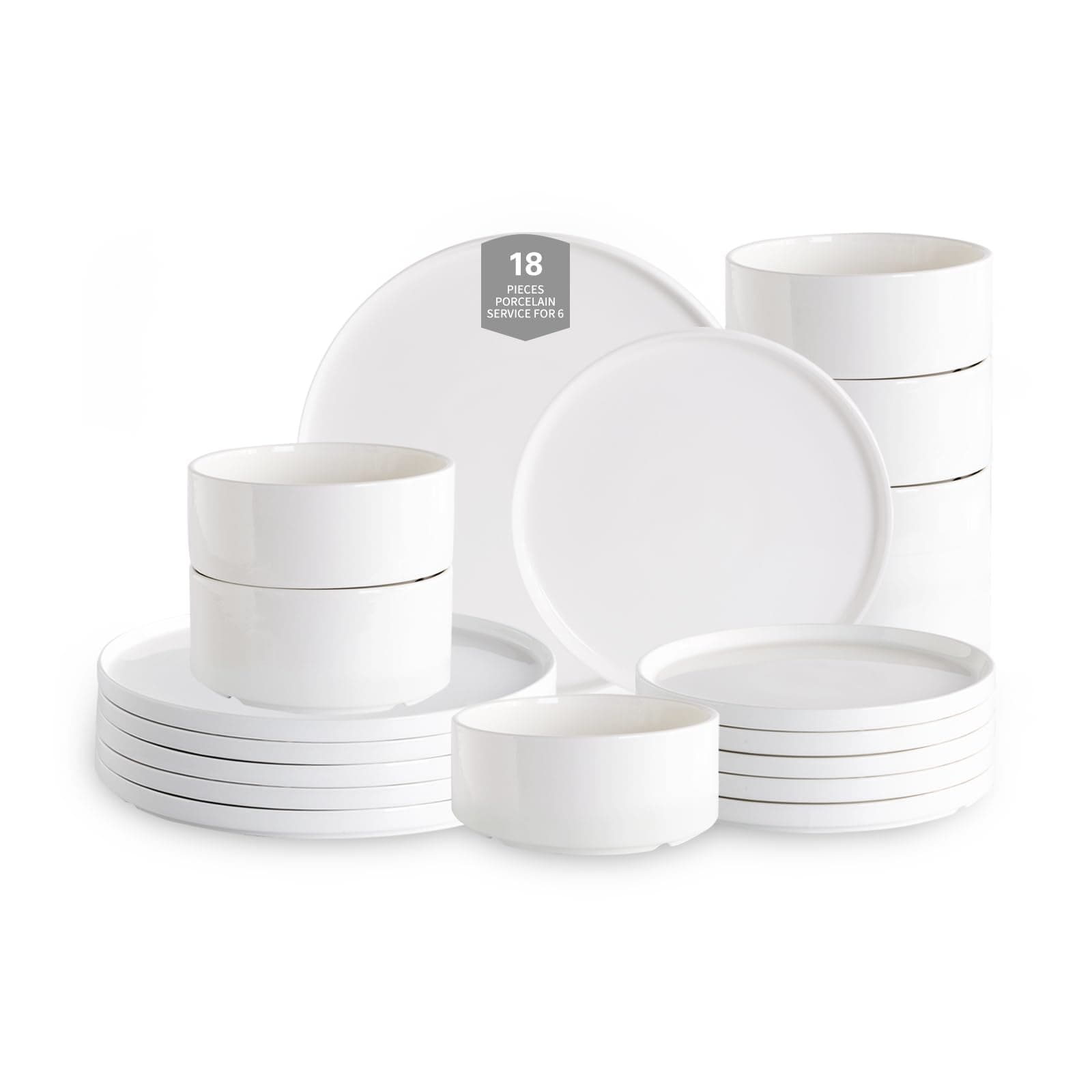 Porcelain Dinnerware Sets, 18 Piece Plates and Bowls Dish Set for 6, Modern Ceramic Dining Dishware, Chip and Scratch Resistant White Dish Set, Microwave & Dishwasher Safe