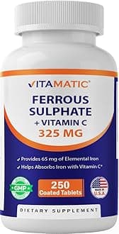 Ferrous Sulfate 325 mg with Vitamin C 100 mg (65 mg Elemental Iron) – High Potency Iron Supplement – No Artificial Colors – 250 Coated Tablets, Made in USA