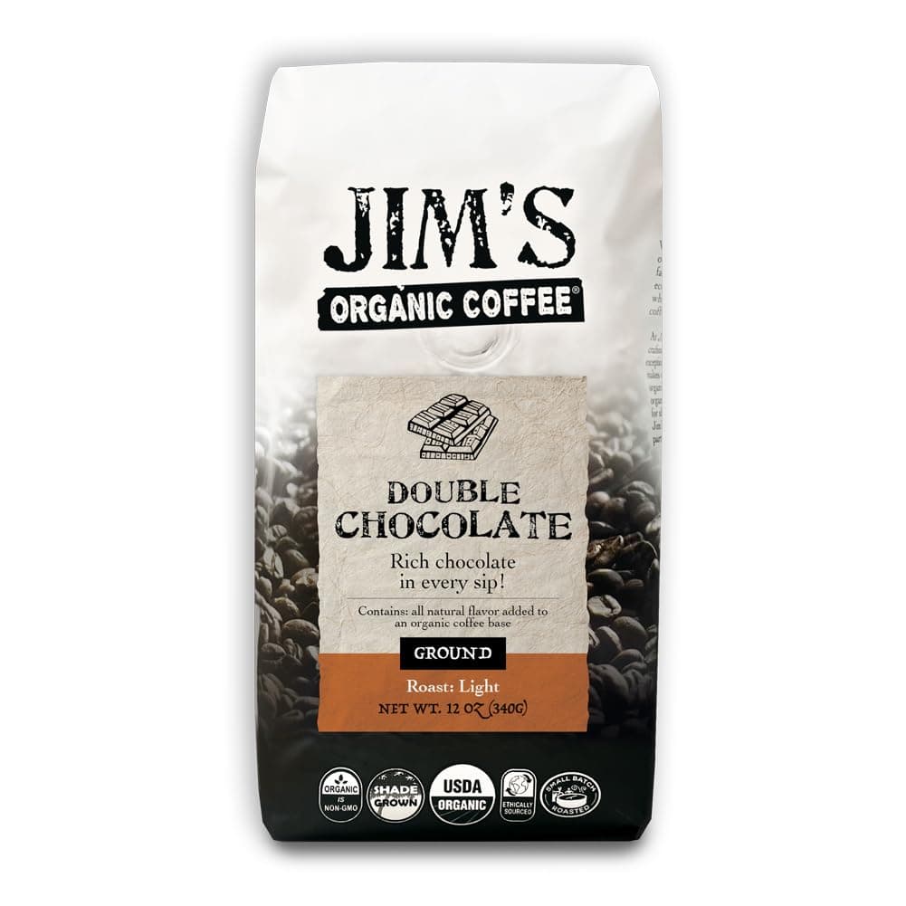 Jim's Organic Coffee – Double Chocolate, All Natural Flavored Blend – Light Roast, Ground , 12 oz Bag